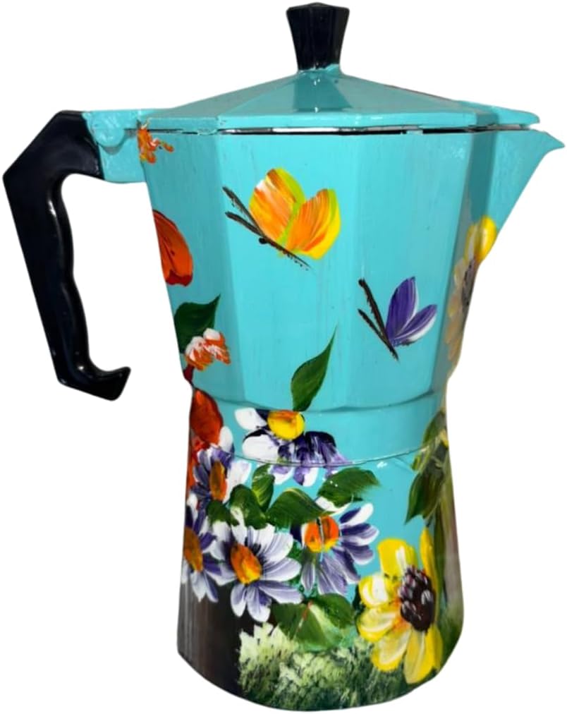Cafetera de aluminio dominicana artesanal – Greca de 6 tazas con diseños de playa, campo, cayenas y motivos dominicanos icónicos (Floral Durazno)