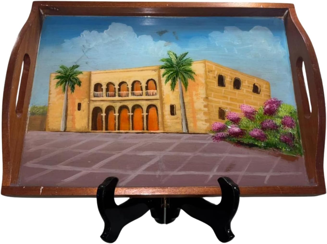 Plateau de service en bois peint à la main avec poignées, point de repère colonial dominicain, décoration d'intérieur culturelle des Caraïbes