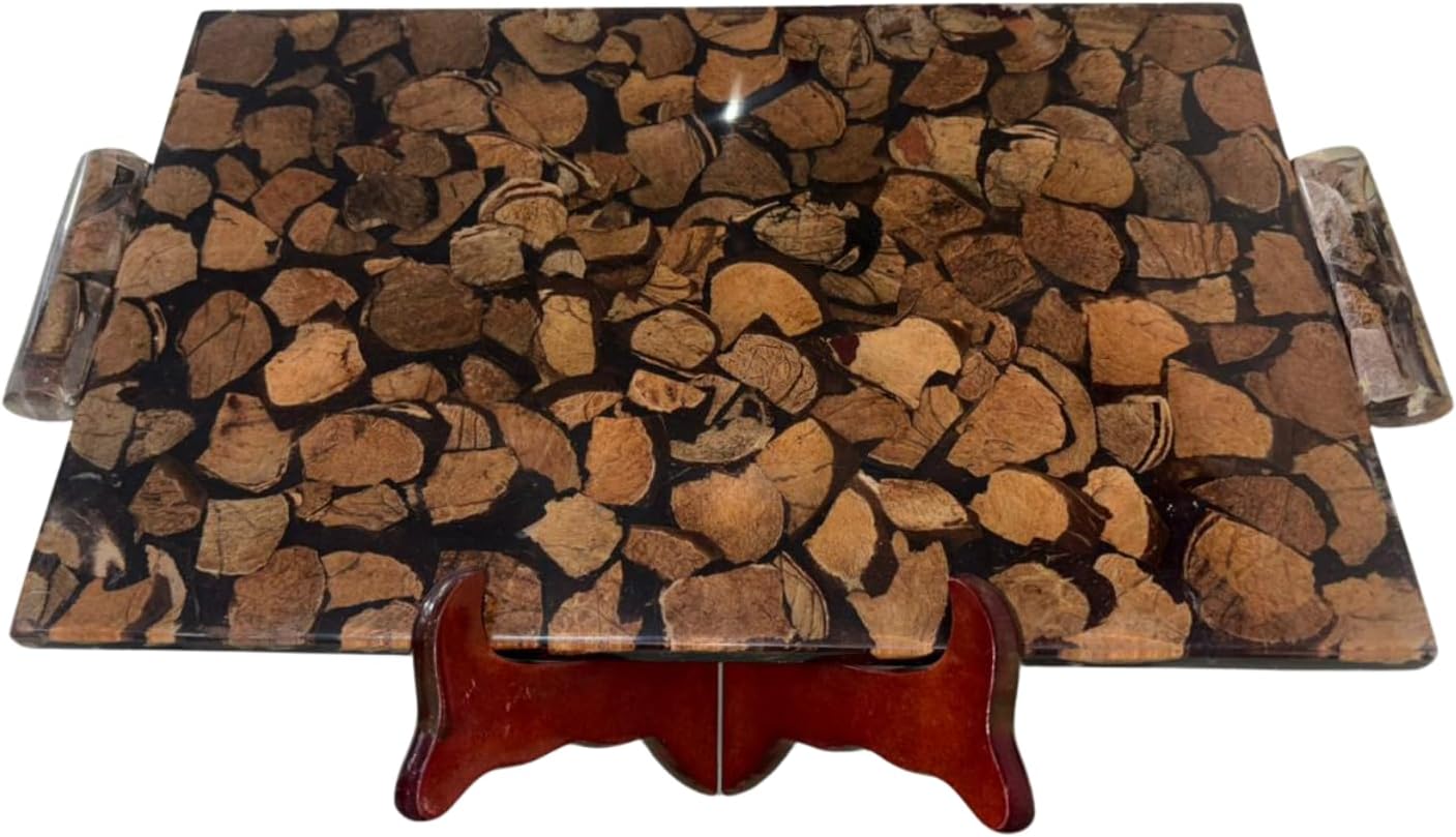 Plateau de service en coquille de noix de coco, plateau artisanal fait à la main avec support en bois, décor tropical rustique