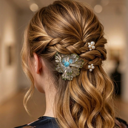 Fermaglio per capelli a forma di fiore in larimar – Design in madreperla e oro