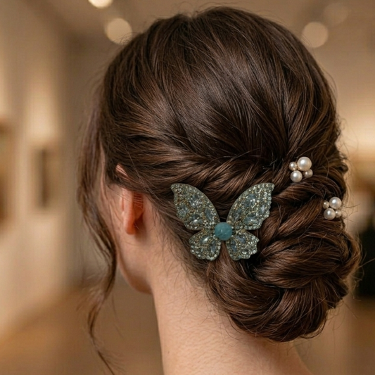 Fermaglio per capelli a forma di farfalla in larimar – Pezzo dichiarativo in cristallo e oro
