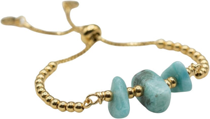 Bracciale regolabile in Larimar riempito d'oro – Bracciale minimalista in pietra blu – Gioielli in Larimar fatti a mano della Repubblica Dominicana – Bracciale con slider delicato