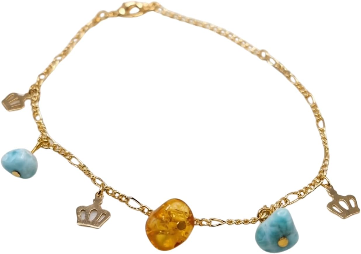 Bracciale con charm in Larimar e ambra, riempito d'oro, pietra blu e miele, gioielli in pietra caraibica fatti a mano della Repubblica Dominicana