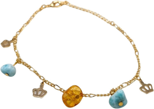 Bracciale con charm in Larimar e ambra, riempito d'oro, pietra blu e miele, gioielli in pietra caraibica fatti a mano della Repubblica Dominicana