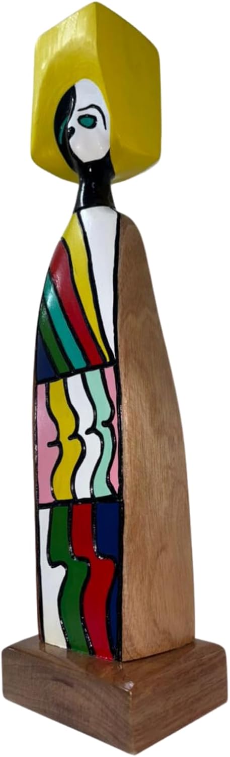 Figurina astratta fatta a mano della Repubblica Dominicana, legno di guayacán, stile moderno caraibico multicolore, statua artigianale su base in legno (gialla)