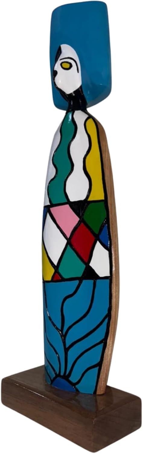 Figurina astratta fatta a mano della Repubblica Dominicana, legno di guayacán, stile moderno caraibico multicolore, statua artigianale su base in legno (gialla)