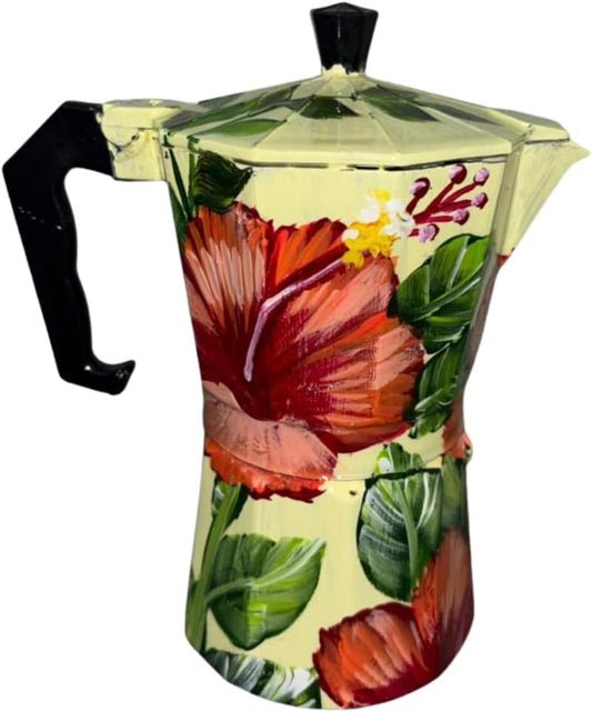 Cafetera de aluminio dominicana artesanal – Greca de 6 tazas con diseños de playa, campo, cayenas y motivos dominicanos icónicos (Floral Durazno)