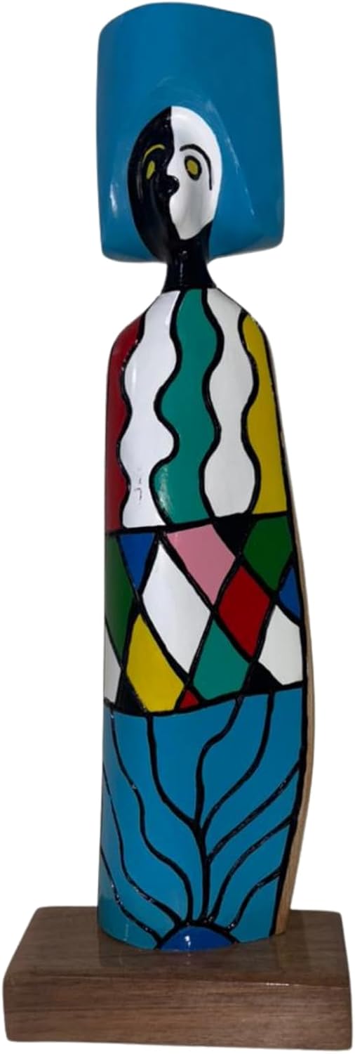 Figurina astratta fatta a mano della Repubblica Dominicana, legno di guayacán, stile moderno caraibico multicolore, statua artigianale su base in legno (gialla)