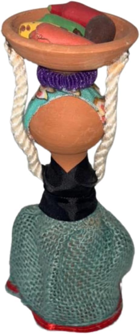 Dominican Faceless Doll Fruit Carrier, Handmade Clay Figurine with Basket, Caribbean Cultural Home Decor (Coffee Basket)