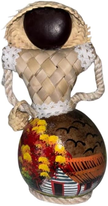 Bambola Dominicana Senza Volto, Figurina in Argilla Fatta a Mano con Cappello di Paglia e Foglia di Palma Intrecciata, Design di Ibisco, Decorazione Culturale Caraibica (Campagna)