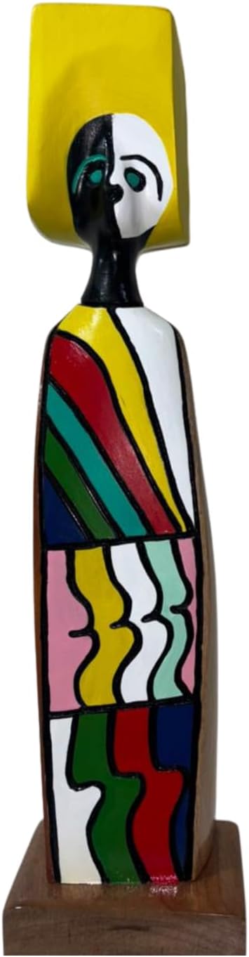 Figurina astratta fatta a mano della Repubblica Dominicana, legno di guayacán, stile moderno caraibico multicolore, statua artigianale su base in legno (gialla)