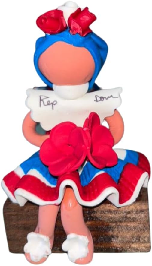 Dominican Faceless Doll Sitting with Flowers, Handmade Clay Figurine, Red, Blue and White, Caribbean Cultural Home Decor (with Hat)