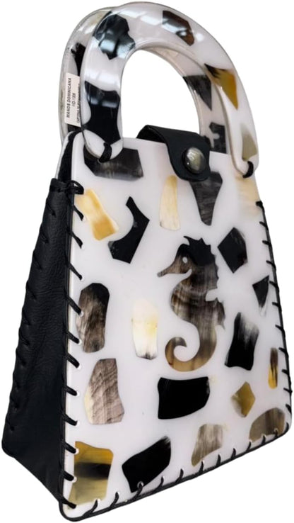 Handmade Cow Horn and Resin Handbag, Artisan Top Handle Purse, Seahorse Motif, Luxury Caribbean Statement Bag