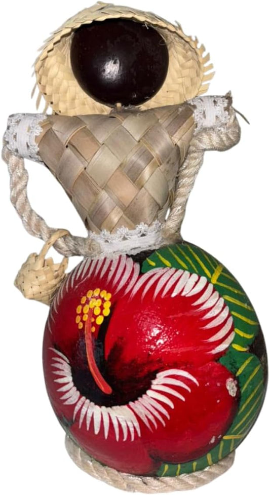 Bambola Dominicana Senza Volto, Figurina in Argilla Fatta a Mano con Cappello di Paglia e Foglia di Palma Intrecciata, Design di Ibisco, Decorazione Culturale Caraibica (Campagna)