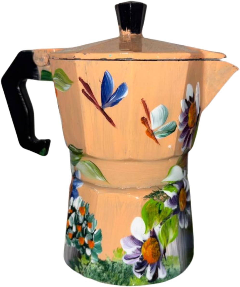 Caffettiera in alluminio artigianale della Repubblica Dominicana – Greca da 6 tazze con spiaggia, campagna, cayenas e design iconici dominicani (floreale pesca)