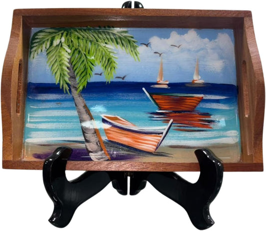 Vassoio da Servire in Legno Dipinto a Mano con Manici, Scena di Isola Tropicale, Arte Dominicana (Piccolo)