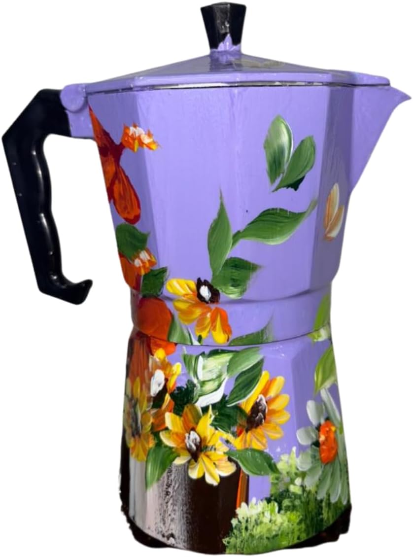 Caffettiera in alluminio artigianale della Repubblica Dominicana – Greca da 6 tazze con spiaggia, campagna, cayenas e design iconici dominicani (floreale pesca)