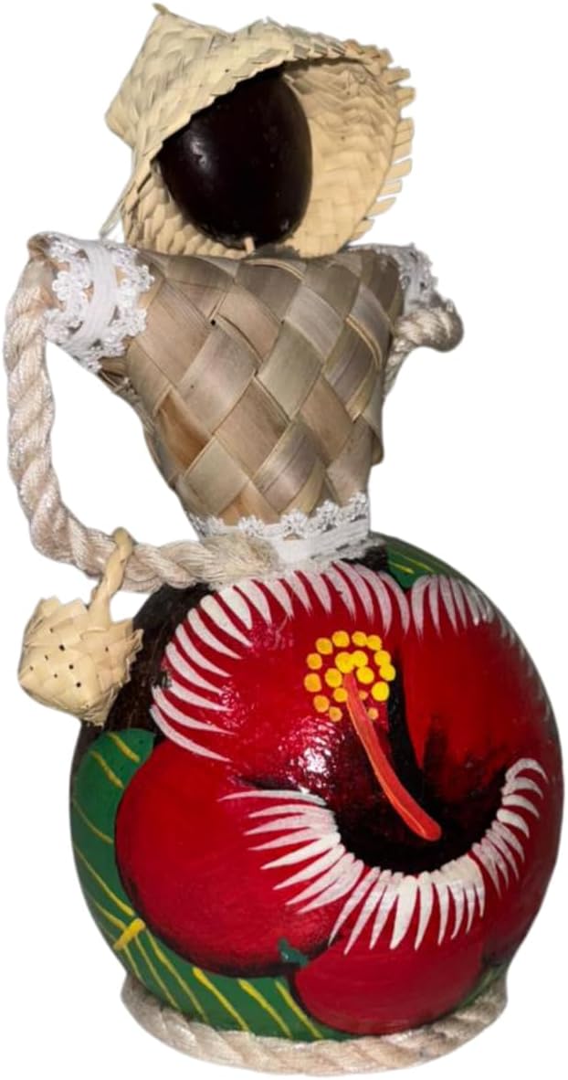 Bambola Dominicana Senza Volto, Figurina in Argilla Fatta a Mano con Cappello di Paglia e Foglia di Palma Intrecciata, Design di Ibisco, Decorazione Culturale Caraibica (Campagna)