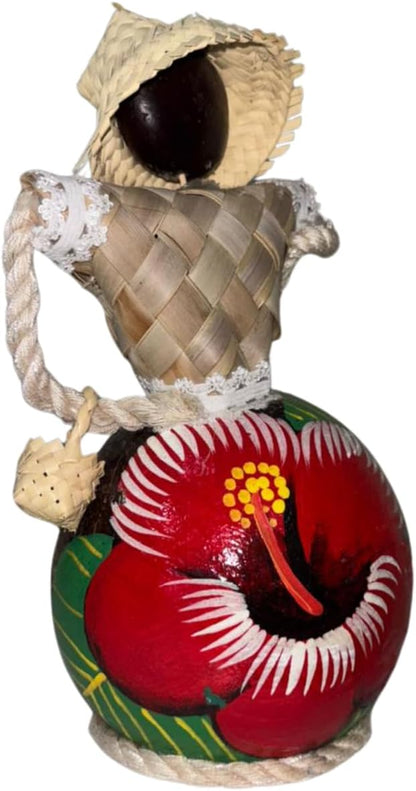 Bambola Dominicana Senza Volto, Figurina in Argilla Fatta a Mano con Cappello di Paglia e Foglia di Palma Intrecciata, Design di Ibisco, Decorazione Culturale Caraibica (Campagna)