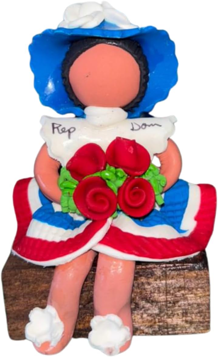 Dominican Faceless Doll Sitting with Flowers, Handmade Clay Figurine, Red, Blue and White, Caribbean Cultural Home Decor (with Hat)