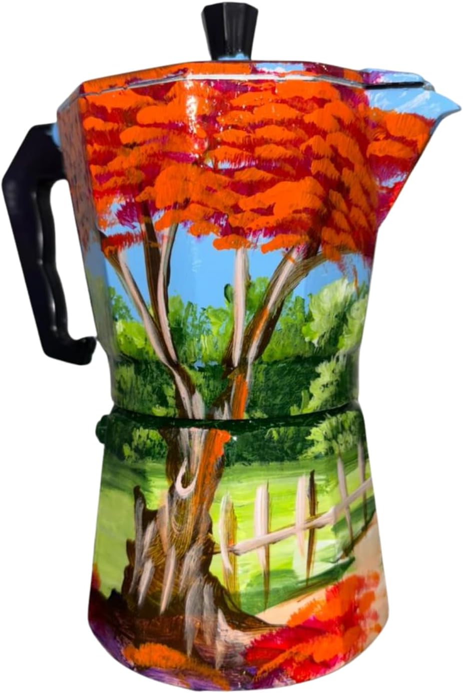 Caffettiera in alluminio artigianale della Repubblica Dominicana – Greca da 6 tazze con spiaggia, campagna, cayenas e design iconici dominicani (floreale pesca)