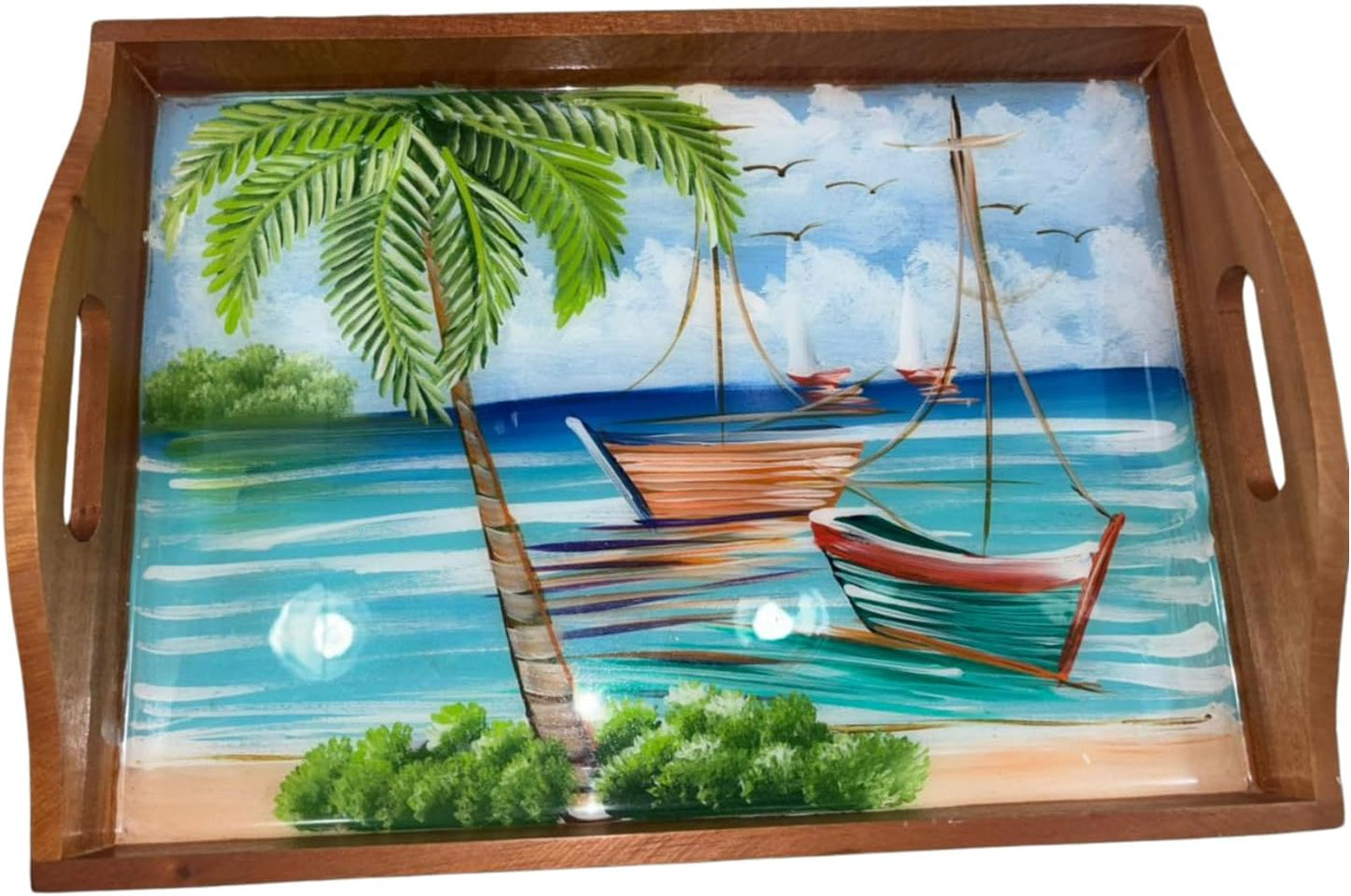 Plateau de service en bois peint à la main Caribbean Beach avec poignées, scène d'île tropicale, art dominicain (grand)