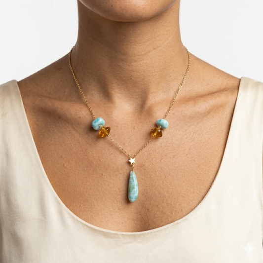 Collana a goccia in larimar riempita d'oro – Pendente in gemma blu dominicana