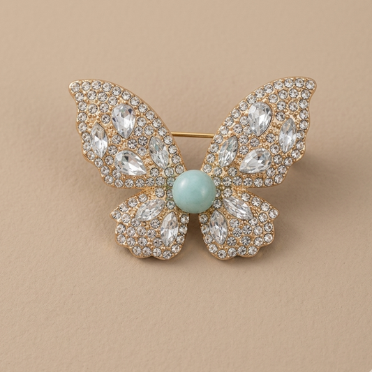 Fermaglio per capelli a forma di farfalla in larimar – Pezzo dichiarativo in cristallo e oro